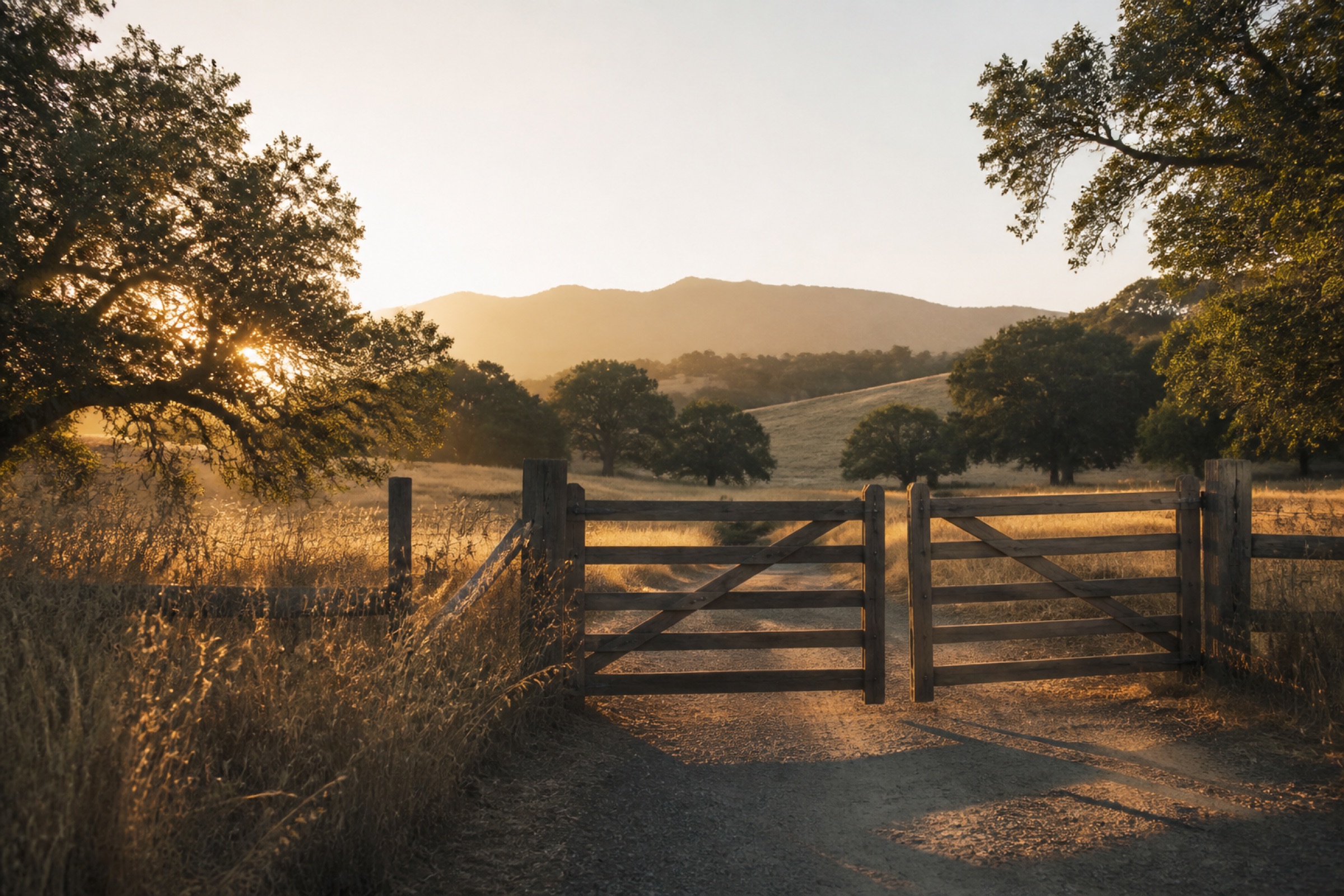 Temecula-area ranch landscape at golden hour -- hills, fence line, and open parcel sky